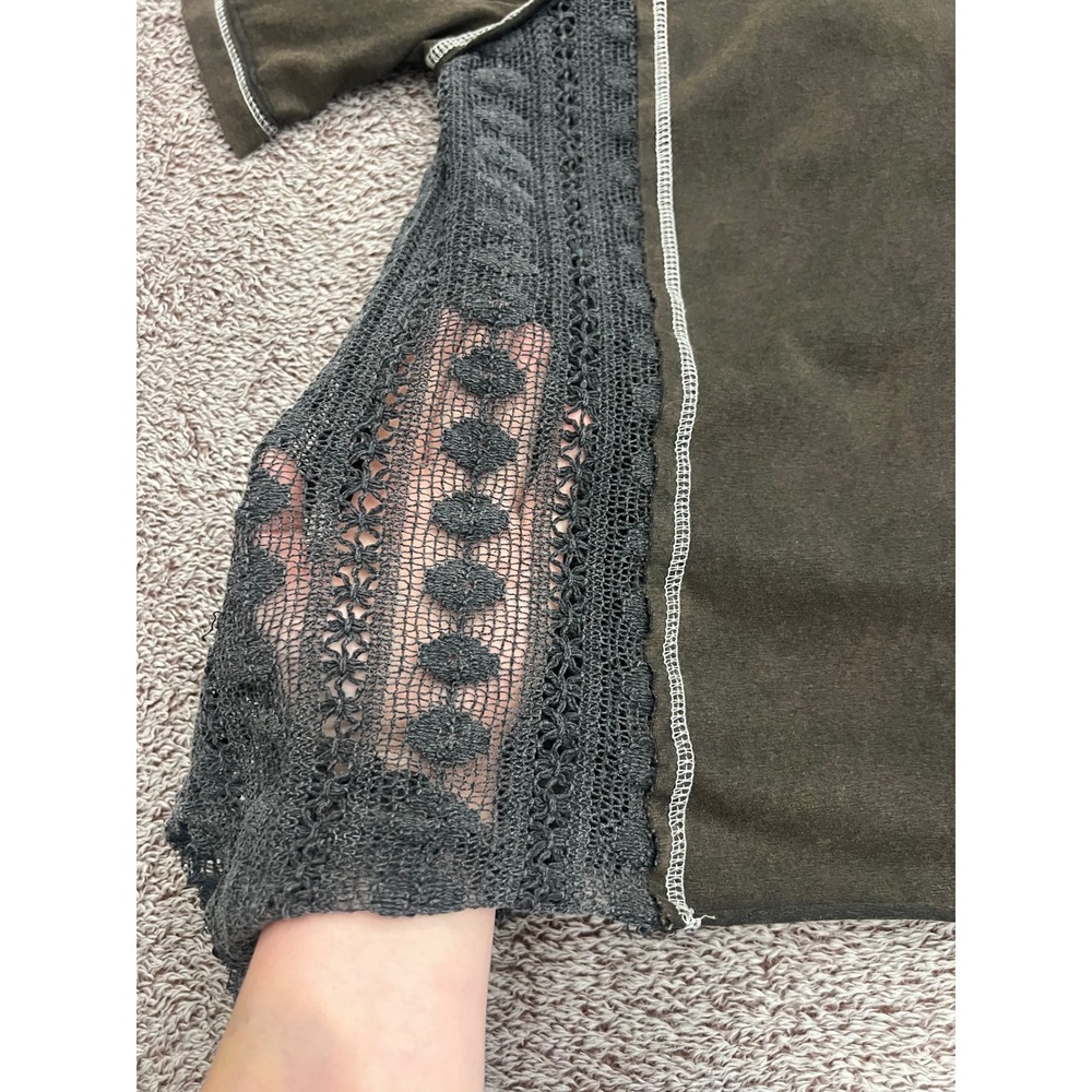 POL Top L Washed Black Brown Crochet Lace Sharkbite Hem Boho Lagenlook - Picture 8 of 11